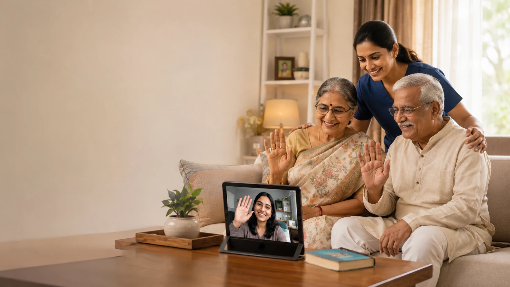 Older parents and a caregiver waving to family on a video call at home
