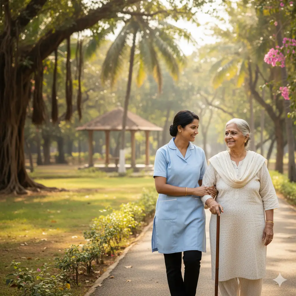 Caregiver accompanying an elderly woman on a walk