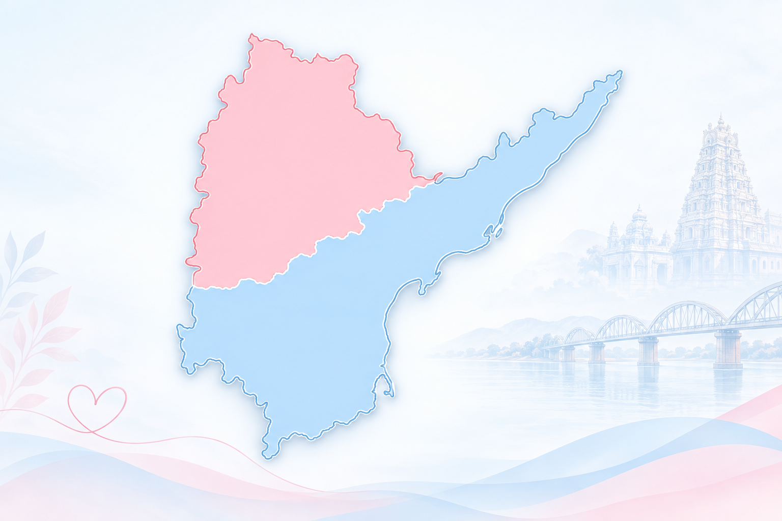 Illustrated map of Telangana in pink and Andhra Pradesh in blue
